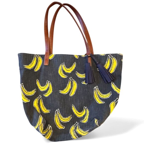 Lucky Brand Key West Dark Denim Blue Tote Bag Banana Print Tassels Purse Handbag - Picture 2 of 12
